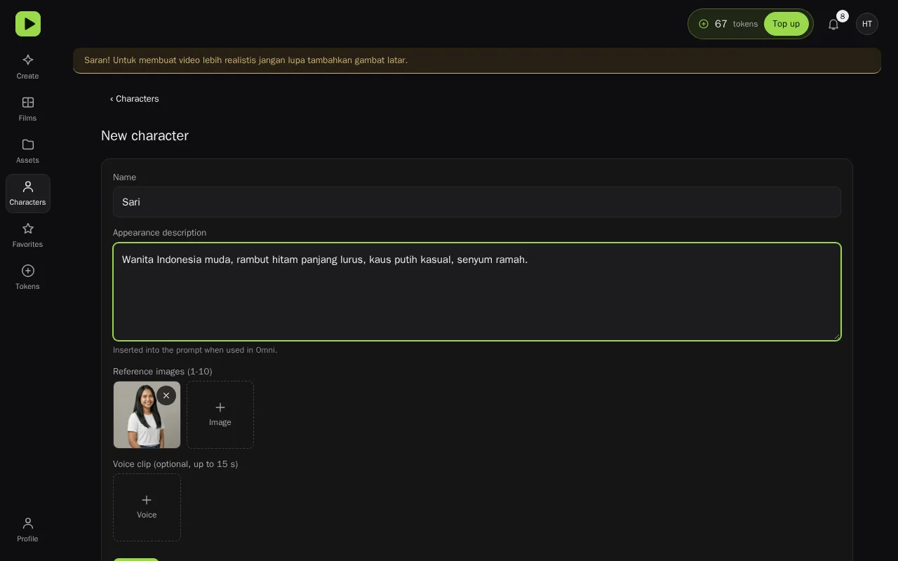 Form karakter baru dari Image1: Name, Reference images (1-10), Appearance description, Save.