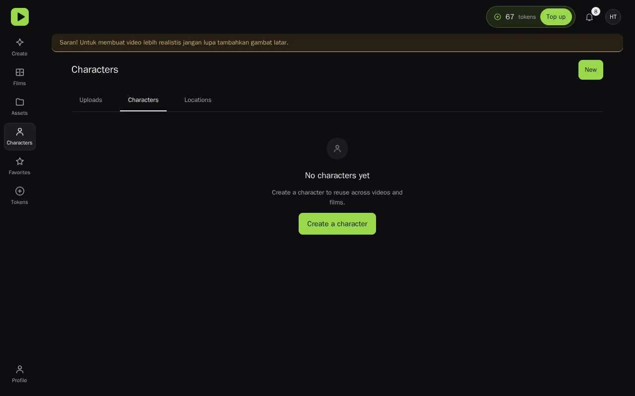 Daftar karakter (tanpa biaya token). Tombol 'New', 'Use in Omni'.