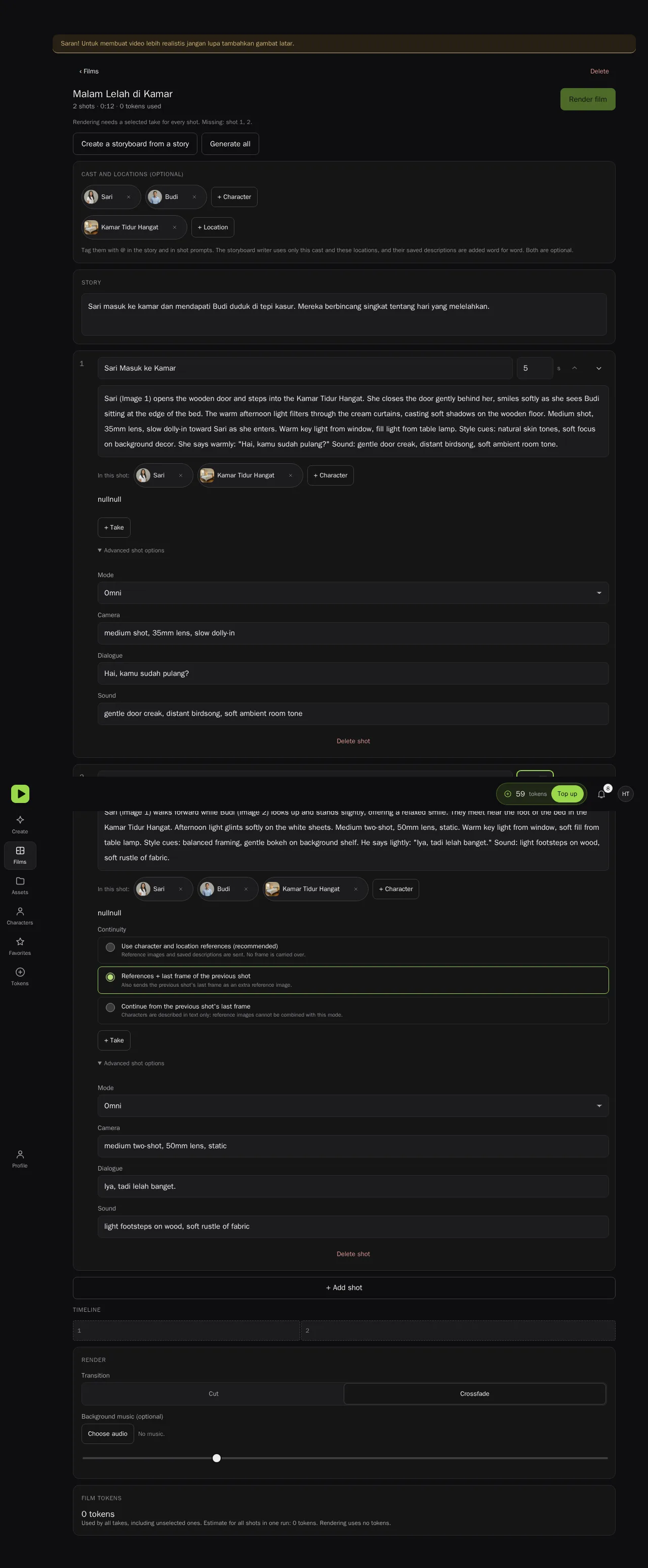 Editor film dengan dua shot: 'Advanced shot options', 'Shot N duration (seconds)', 'Camera', 'Dialogue', 'Sound', '+ Take'.