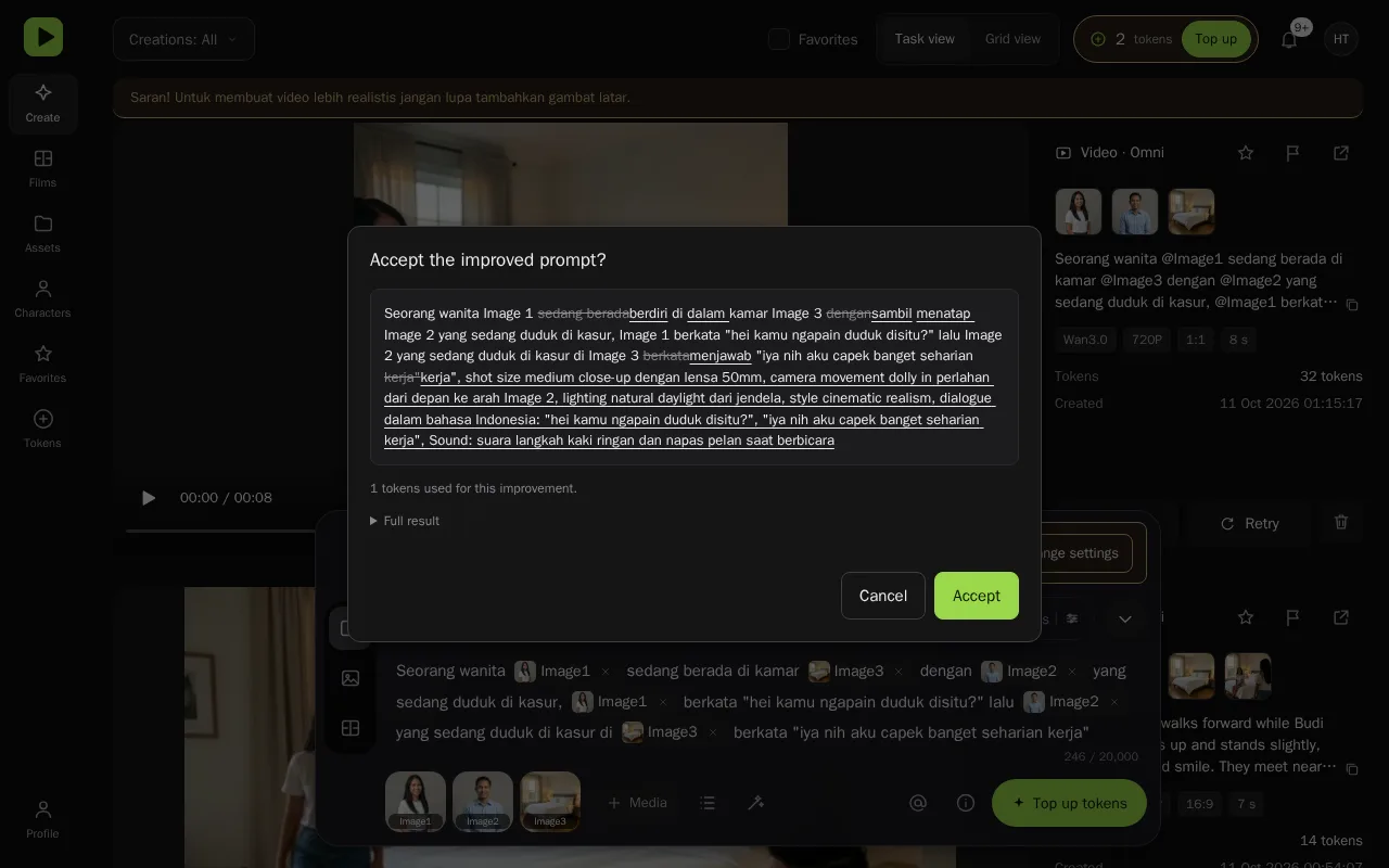Perbaiki prompt: modal 'Accept the improved prompt?' dengan perbandingan teks, 1 token. Hasil tetap berbahasa Indonesia, label Image tetap, dialog dipertahankan.