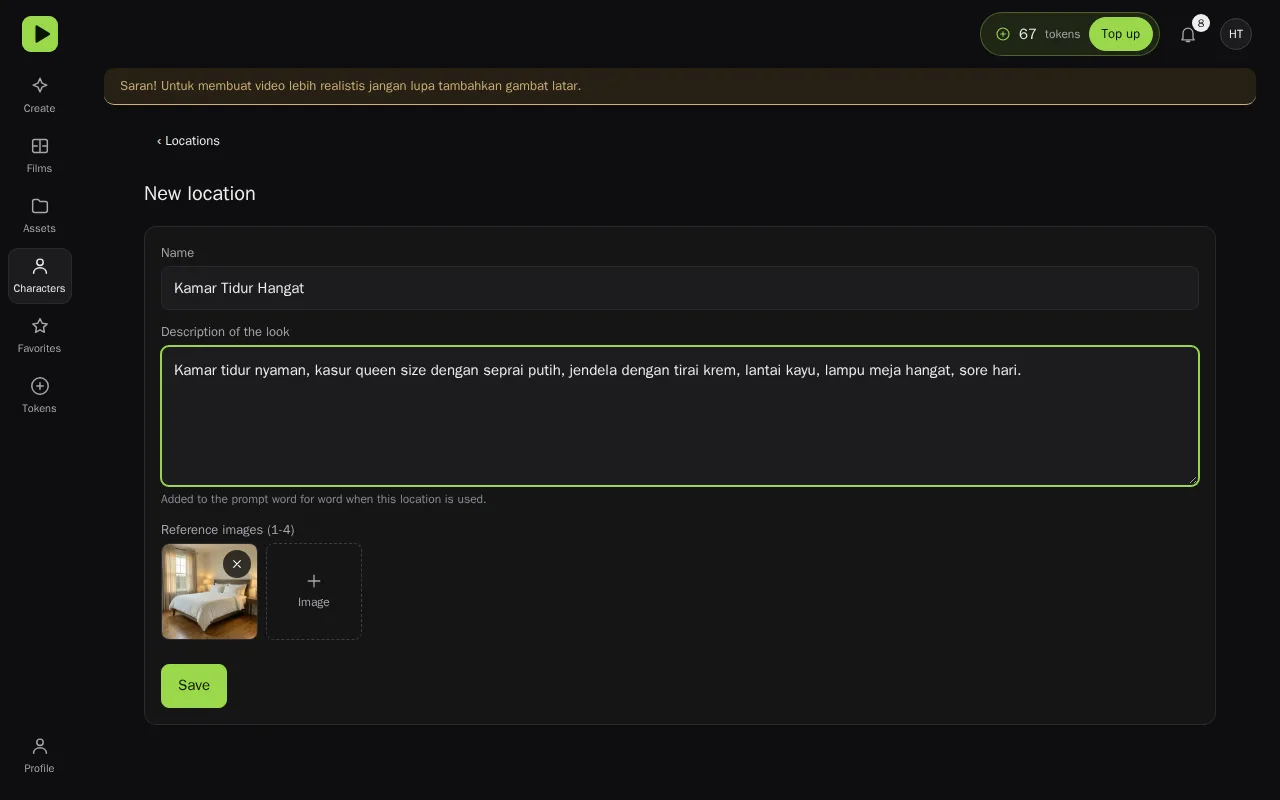 Form lokasi baru dari Image3: Name, Description of the look, Image, Save.