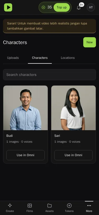 Tampilan mobile: karakter.