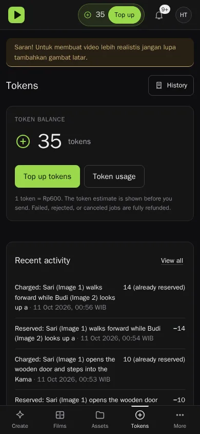 Tampilan mobile: token.