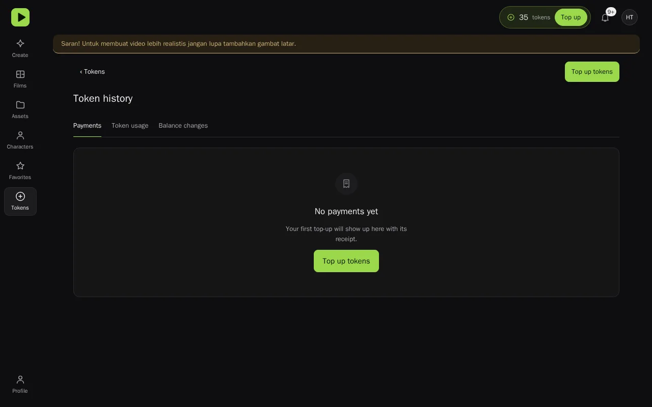 Riwayat token: tab 'Payments', 'Token usage', 'Balance changes'.