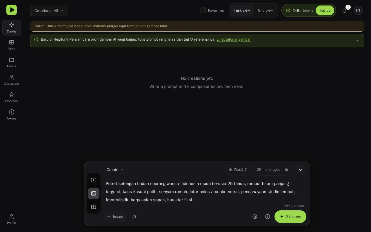 Mode Gambar: prompt di composer sebelum kirim (estimasi 2 token).