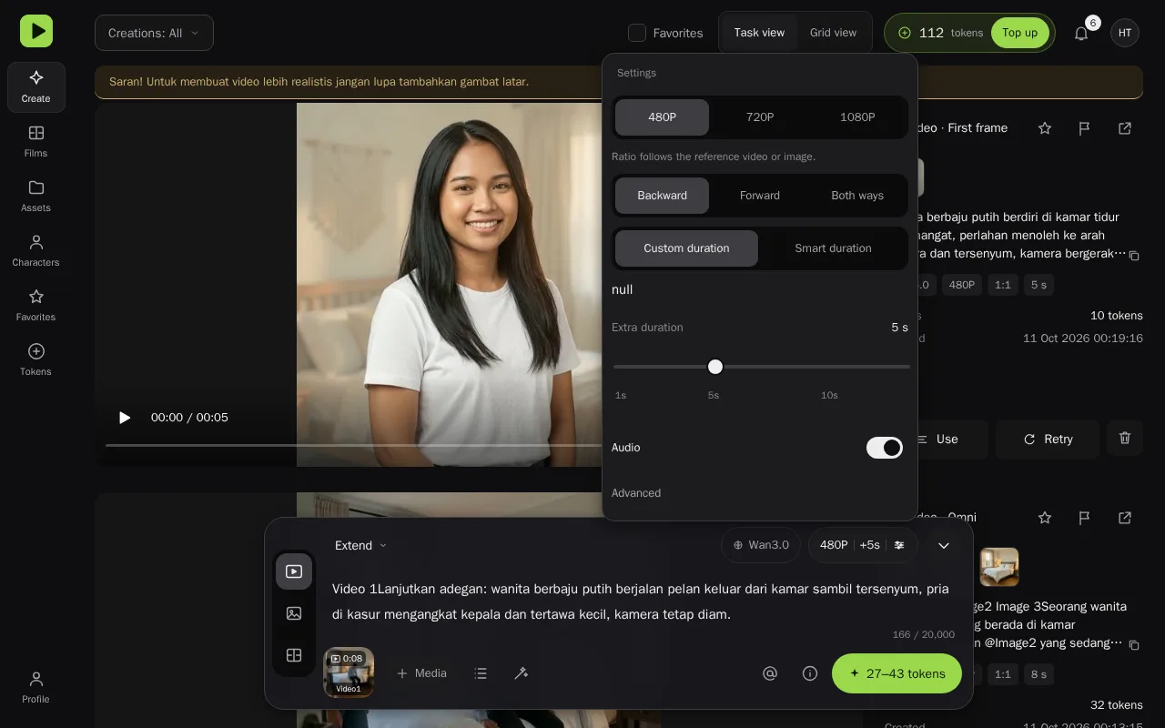 Fungsi Extend: sumber video diunggah, 480P, tambahan 5 detik. Estimasi 27–43 token.