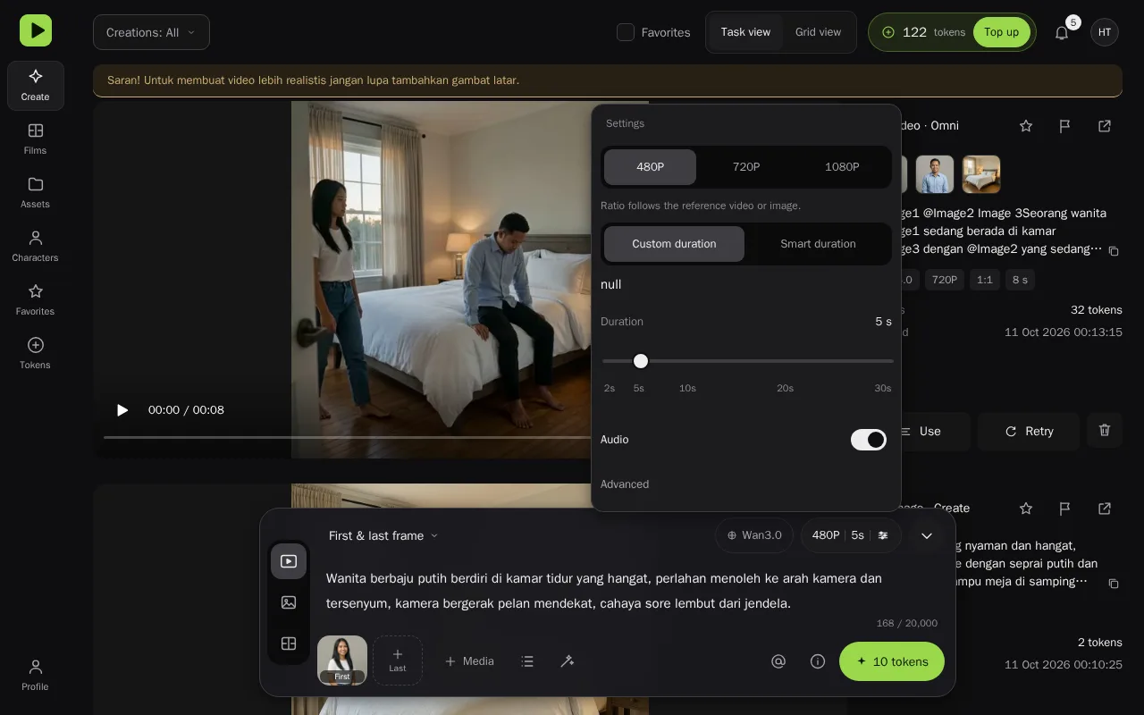 Fungsi 'First & last frame' dengan 480P 5 detik: frame pertama dari Image1.