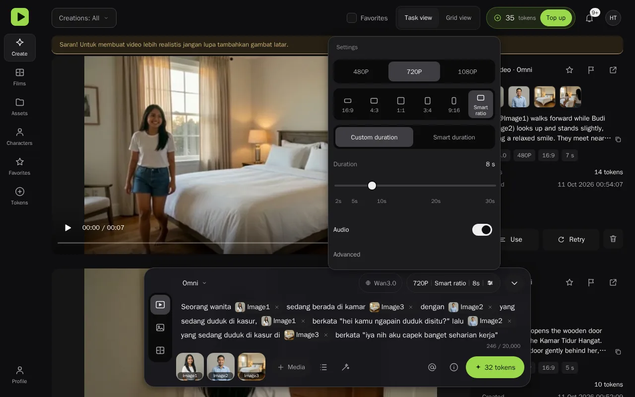 Popover Settings: 720P, Custom duration 8 dtk.